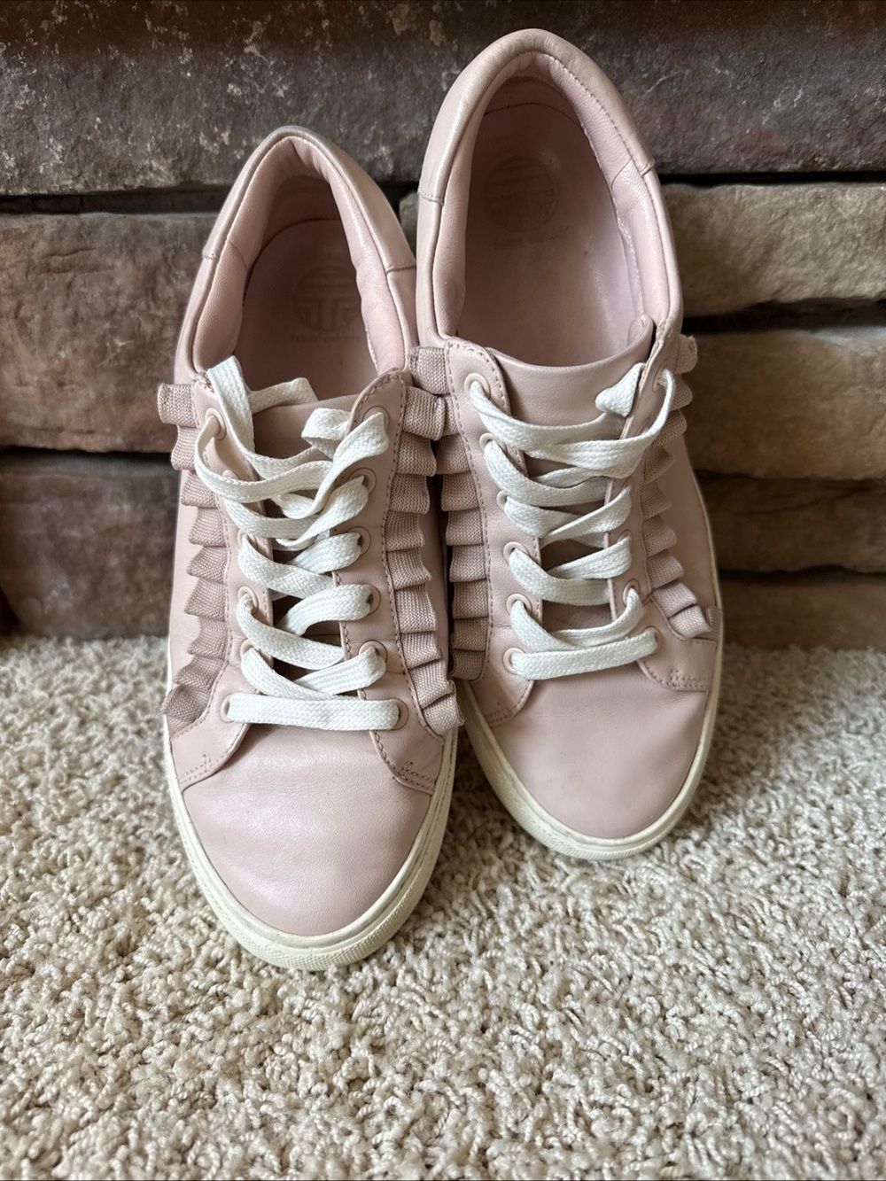 Tory Burch Sport Blush Pink Ruffle Lace-Up Leather Sneakers Size 8.5